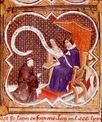 Der Übersetzer überreicht sein Buch König Karl V. (1338-1380). Miniatur aus 