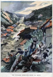 Das Dorf Saint-Ours bei Barcellonnette in den Alpen, verschüttet unter dem Schlamm - in „Le Petit Parisien“