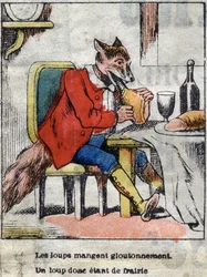 Der Wolf und der Storch. Fabeln von Jean de La Fontaine (1621-95). Epinal-Bild vom Ende des 19. Jahrhunderts
