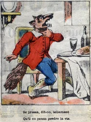 Der Wolf und der Storch. Fabeln von Jean de La Fontaine (1621-95). Epinal-Bildgebung Ende des 19. Jahrhunderts.