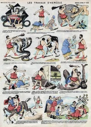 Die Werke des Herkules (Herakles). In der römischen und griechischen Mythologie ist Herkules ein Held: Noch als Kind erwürgt er zwei Schlangen mit bloßen Händen in seinem Bett und stellt seine Stärke in den Dienst der Unglücklichen, besiegt den Löwen von N