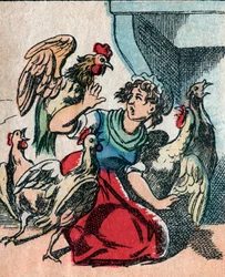 Die Welt auf den Kopf gestellt, ein imaginäres Land: Truthähne und Hühner rupfen den Koch - Epinal-Bild