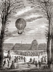 Der erste bemannte Wasserstoffballonflug der Welt über den Champs de Mars, Paris, Frankreich am 1. Dezember 1783, gesteuert von Nicolas-Louis Robert und Professor Jacques Charles, aus 