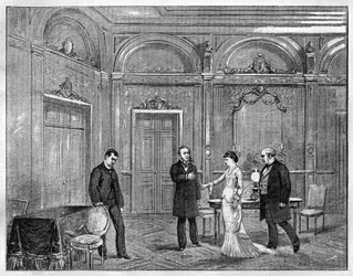 Theateraufführung: „Jean Beaudry“ von Auguste Vacquerie (1819-1895). 4. Akt. Paris, Théâtre Français (Comédie Française). Gravur von 1880 in „La république illustrée“ private Sammlung.