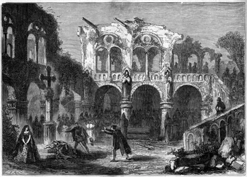 Theateraufführung: „Die Beerdigungen der Ehre“ (Akt VII, letzte Szene) von Auguste Vacquerie (1819-1895). Paris, Théâtre de la Porte Saint Martin