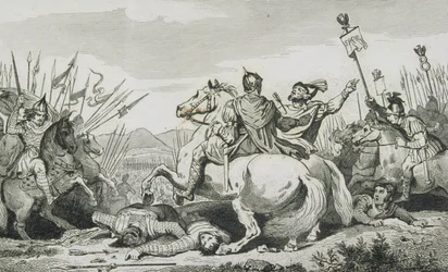 Theoderich wird in der Schlacht gegen Attila getötet, nahe Chalons, aus 