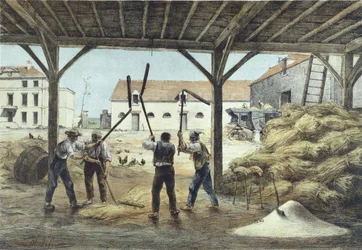Dreschen von Mais, Illustration aus einem Schulbuch Enseignement par les yeux, 2. Hälfte des 19. Jahrhunderts