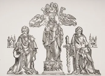 Grabdekoration, die Nicholas Flamel (ca. 1330-ca. 1418) und seine Frau Pernelle darstellt, nach Dekorationen auf dem Friedhof der Unschuldigen, Paris, aus Le Moyen Age et La Renaissance von Paul Lacroix (1806-84)