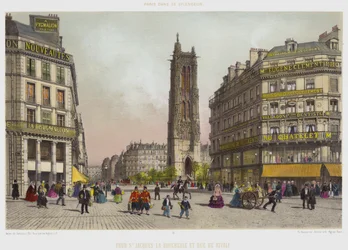 Turm St. Jacques-La-Boucherie und Rue de Rivoli (Farblithographie)
