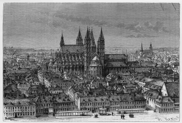Tournai: Außenansicht von Notre-Dame und Panorama der Stadt. Gravur von Barclay zur Illustration der Geschichte „Belgien“ von Camille Lemonnier (1844-1913), belgischer Schriftsteller. Veröffentlicht in Le Tour du monde, nouveau journal des voyages, 2. Seme