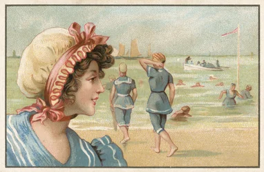 Werbekarte mit einem Nahaufnahmebild einer Frau in Strandkleidung