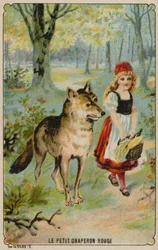 Werbekarte mit einem Bild von Rotkäppchen