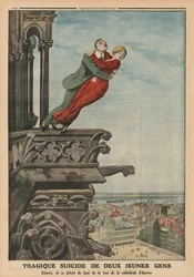 Tragischer Selbstmord zweier junger Leute vom Turm der Kathedrale in Antwerpen, Rückseitige Illustration aus 