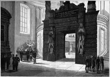 Überführung der Asche Napoleons I. von der Kapelle Saint Jerome zum Grab unter der Kuppel des Invalidendoms. Paris, 2. April 1861. Gravur in „Le Monde Illustré“ Nr. 209 vom 13. April 1861.