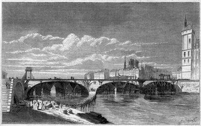 Umgestaltungen von Paris unter dem Zweiten Kaiserreich, Haussmann Paris: Ansicht der Pont au Change während ihres Wiederaufbaus. Gravur in „Le Monde Illustré“ Nr. 169 vom 7. Juli 1860.