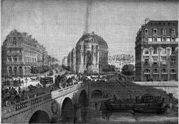 Transformationen von Paris unter dem Zweiten Kaiserreich, Haussmann Paris: Ansicht des Brunnens Saint Michel (1860) am Boulevard de Sebastopol. Gravur in „Le Monde Illustré“ Nr. 175 vom 18. August 1860.