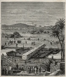 Transport des Obelisken von Ptolemee Philadelph (Ptolemaios Philadelphos) (Ptolemee II) auf dem Nil nach Alexandria - Gravur in „Wissenschaften für alle - Populäre Physik und Chemie“ von Alexis Clerc - Ende 19. Jahrhundert - Private Sammlung