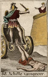 Trojanischer Krieg: Triumphierender Achilles schleppt Hektors leblosen Körper vor die Tore Trojas. Aus „Mythologie der Jugend“ von Pierre Blanchard 1803