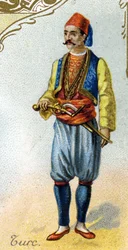 Türkischer Mann. Edition der Pariser Lithographie, Ende des 19. Jahrhunderts. Serie von 25 Werbechromos für die Dijon-Herstellung von Biscuits Pernot, gegründet 1869. Detail der Figuren in traditioneller Tracht