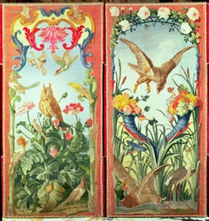 Zwei Teppichpaneele zu einem Paravent verarbeitet, Vögel, Blumen und Früchte darstellend, Savonnerie-Werkstatt (Textil)