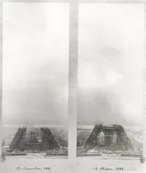 Zwei Ansichten des Baus des Eiffelturms, Paris, 12. Dezember 1887 und 15. März 1888