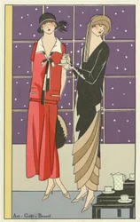 Zwei Frauen beim Tee in Designs von Jean Patou und Beer, aus Art-Goût-Beauté veröffentlicht 1924