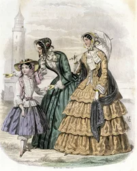 Zwei Frauen mit einem Mädchen auf dem Land - in „Journal des Demoiselles“ 1852