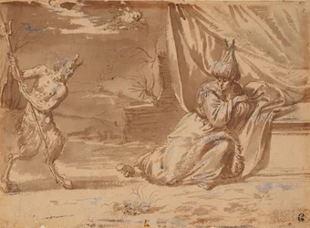 Unidentifiziertes Thema: ein Satyr, der einen Dreizack vor einem östlichen Potentaten schwingt, eine Maus zu seinen Füßen