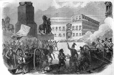 Aufstand in Bologna: Sturz der päpstlichen Regierung unter Gregor XVI., Papst von 1831 bis 1846. Gravur in „Histoire des Papes-Rois-Reines und Kaiser durch die Jahrhunderte“ von Maurice Lachatre