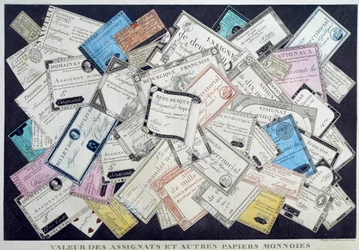 Wert der Assignaten und anderer Papiermünzen während der Französischen Revolution. 18. Jahrhundert. Musee Carnavalet, Paris
