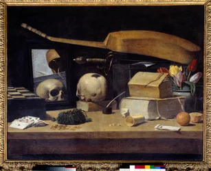 Vanitas Stillleben mit Kartenspiel, Instrument und Schädel