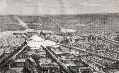 Versailles mit seinem Schloss im 19. Jahrhundert - Gravur in „La France illustrée: Geographie, Geschichte, statistische Verwaltung“ von V.A. Malt-Brown. 1884