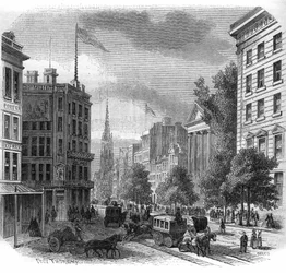 Ansicht von Broadway in New York. Gravur von 1862-1863