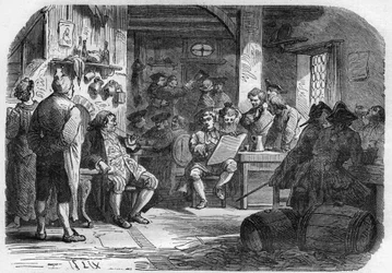 Ansicht des Cabaret des Porcherons in Paris. Gravur in „Die Geschichte der Prostitution und Ausschweifung unter allen Völkern der Welt von der Antike bis zur Gegenwart“ von Dr. Th. -F. Debray. 1879.