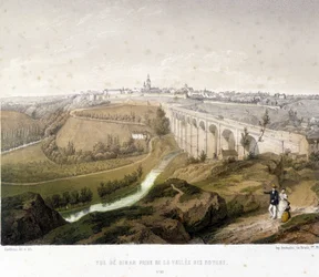 Ansicht von Dinan, das Viadukt und das Walnusstal. 19. Jahrhundert Illustration im Museum von Dinan.