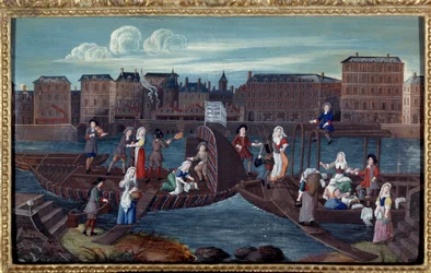 Ansicht eines Fischbootes und weißer Boote am Quai de la Megisserie in Paris
