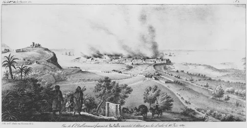 Ansicht der französischen Niederlassung in La Calle, verbrannt und zerstört von den Arabern am 18. Juni 1827, Illustration aus Atlas de l