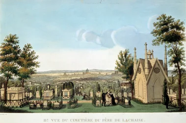 Ansicht des Friedhofs Père Lachaise in Paris. Anonyme Lithographie des 19. Jahrhunderts. Private Sammlung