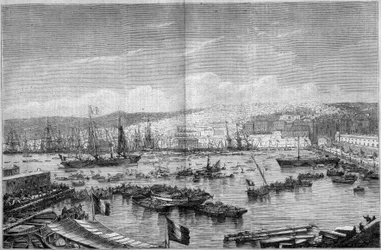 Ansicht der Stadt und des Hafens von Algier (Algerien) während der Ankunft von Napoleon III. und der Kaiserin Eugenie de Montijo am 17. September