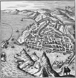 Ansicht der Stadt und des Hafens von Marseille im 16. Jahrhundert. Gravur in „La Marine et les colonies: commerce“