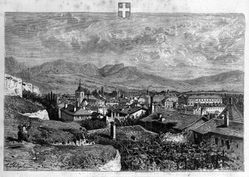 Ansicht der Stadt Chambéry in Savoyen. Gravur von 1880 in „La république illustrée“ private Sammlung.