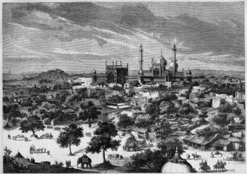 Ansicht der Stadt Delhi (Indien) im Jahr 1857. Nach einer Skizze von Prinz Alexis Soltykoff. Gravur von Bertrand in „Le Monde Illustré“ Nr. 20 vom 29. August 1857.