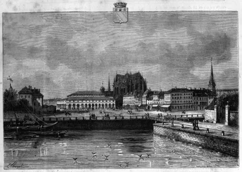 Ansicht der Stadt Troyes in der Morgenröte. Gravur von 1880 in „La republique illustree“ private Sammlung.