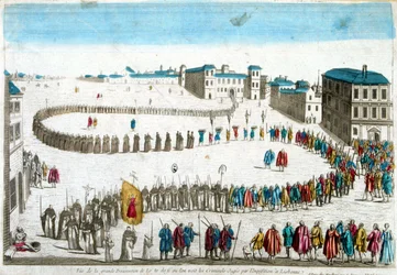 Ansicht der großen Prozession des Selbst-Dafé, wo wir die von der Inquisition in Lissabon verurteilten Verbrecher sehen - Gravur