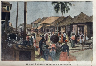 Ansicht des Marsches von Kingston, Hauptstadt von Jamaika. „La-Croix-Illustree“, 3. Februar