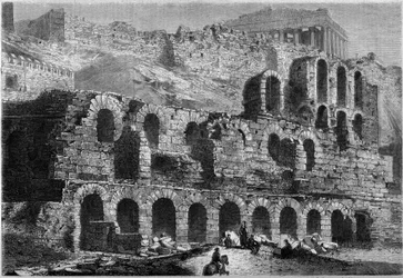 Ansicht der Ruinen des Odeons des Herodes Atticus (erbaut 161 n. Chr.) in Athen, Griechenland