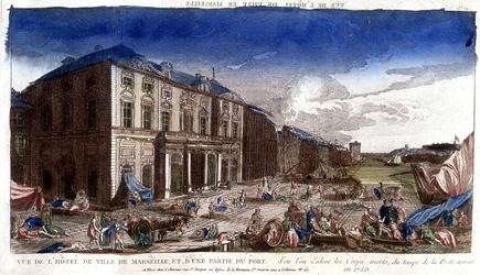 Ansicht des Rathauses von Marseille und eines Teils des Hafens, von dem die Leichen zur Zeit der Pest 1720 ankamen - Gravur