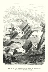 Merowingische Villa zur Zeit von Dagobert I., Rekonstruktion von M. Viollet-le-Duc (Gravur)