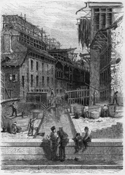 Ansicht einer Gerberei und Lederwaschanlage am Ufer der Bièvre in Paris