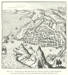 Ansicht und Plan von Marseille und seinem Hafen im 16. Jahrhundert; nach einem Kupferstich aus dem Théâtre des Citez du monde, von G. Bruin; Brüssel